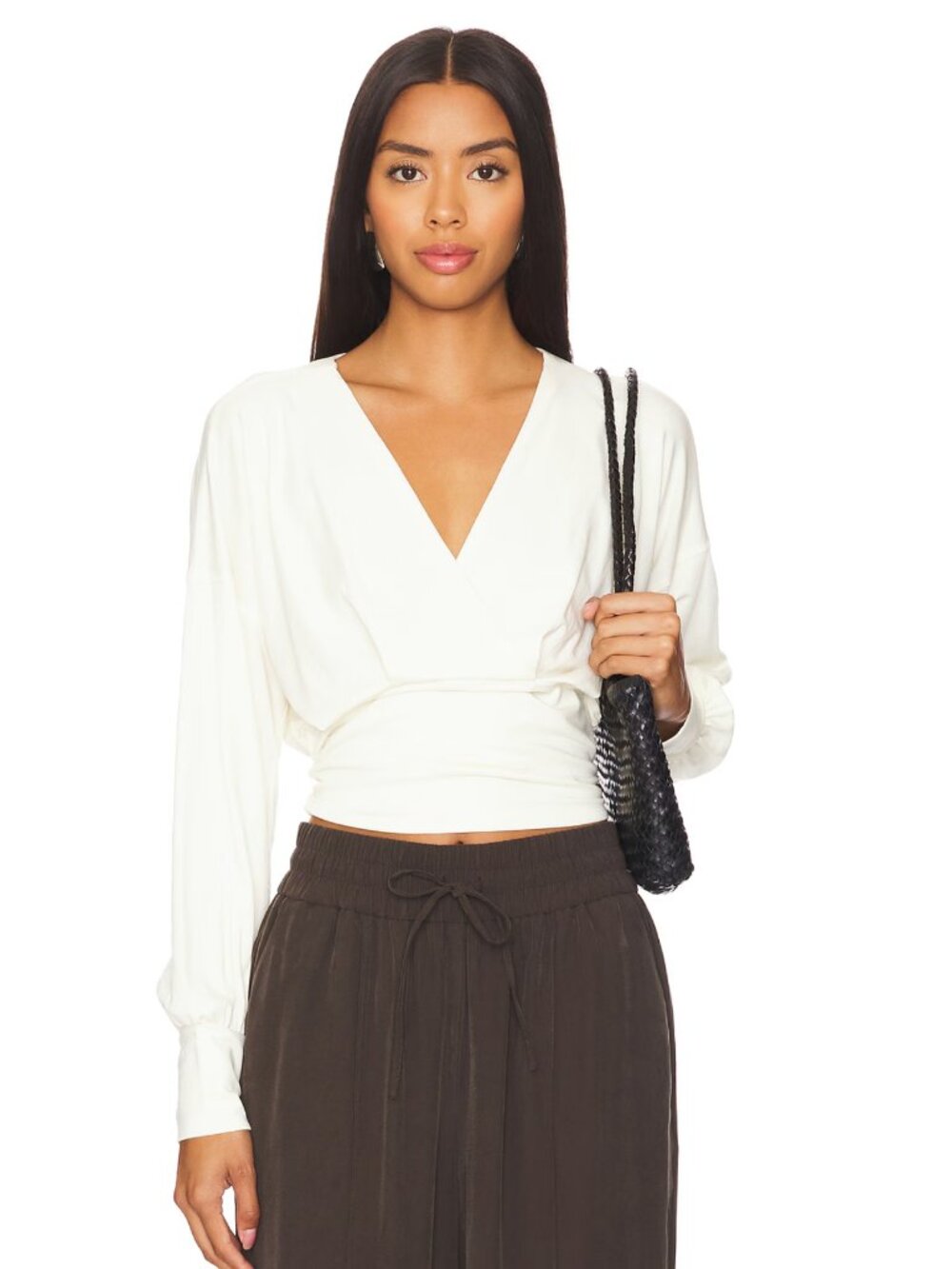 NEW Bobi Long Sleeve Blouse in Macadamia White Cotton V Neck Large